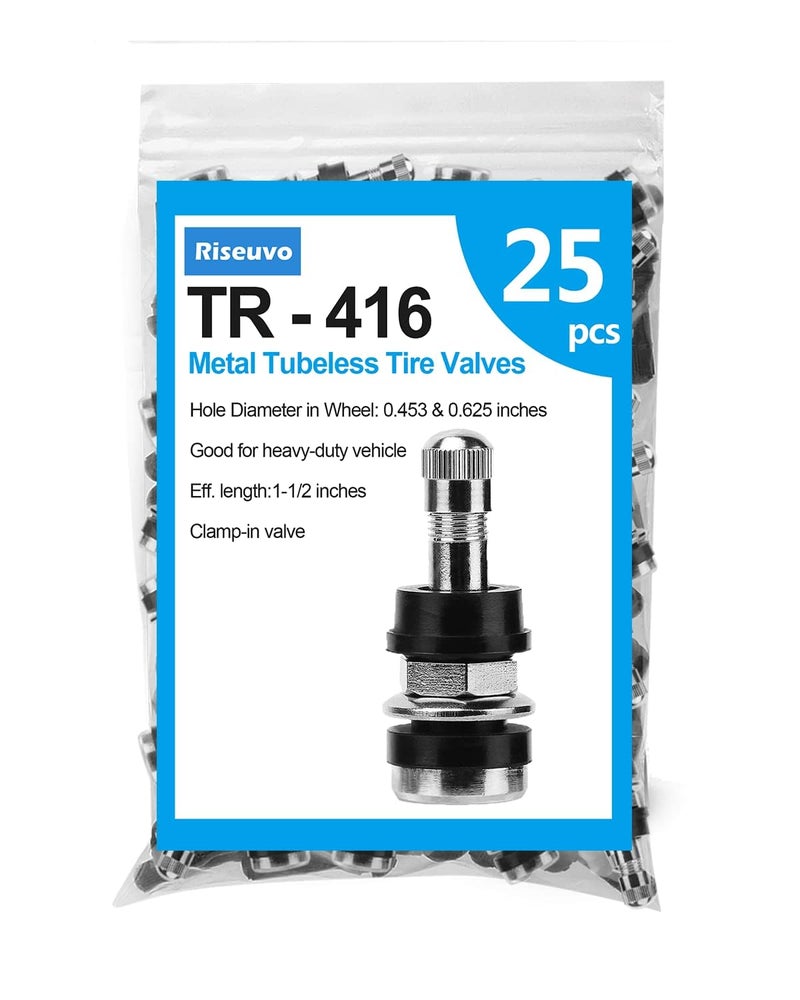 Riseuvo رايزوفو 25 قطعة صمامات إطارات معدنية TR416 - صمامات بدون أنابيب عالية الضغط لفتحات الجنط 0.453" و 0.625"، تناسب السيارات والشاحنات والمقطورات والدراجات الرباعية - Image 1